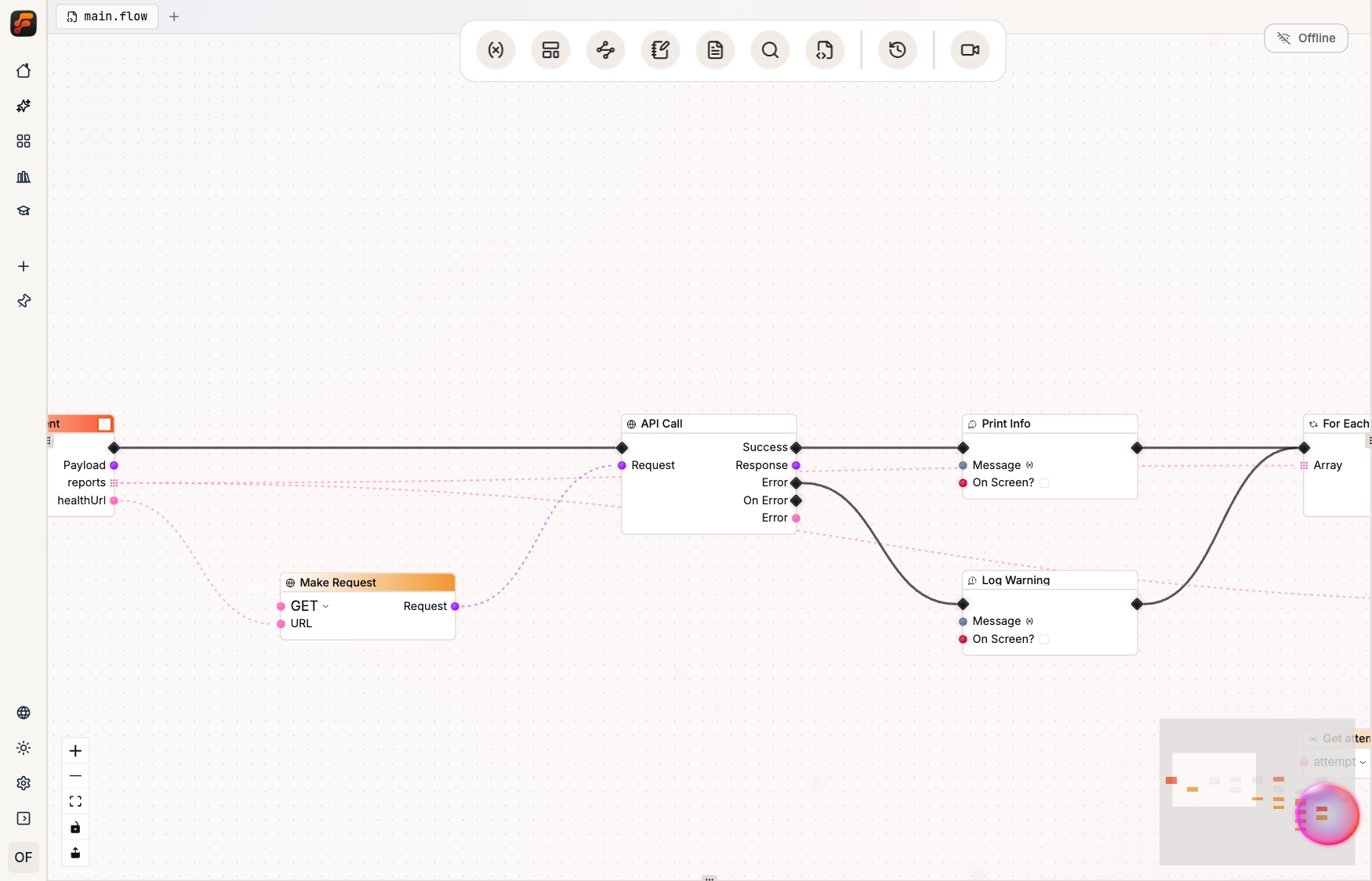 API Call node with Success routed to Print Info, expected Error routed to Log Warning, and an additional unconnected On Error output.