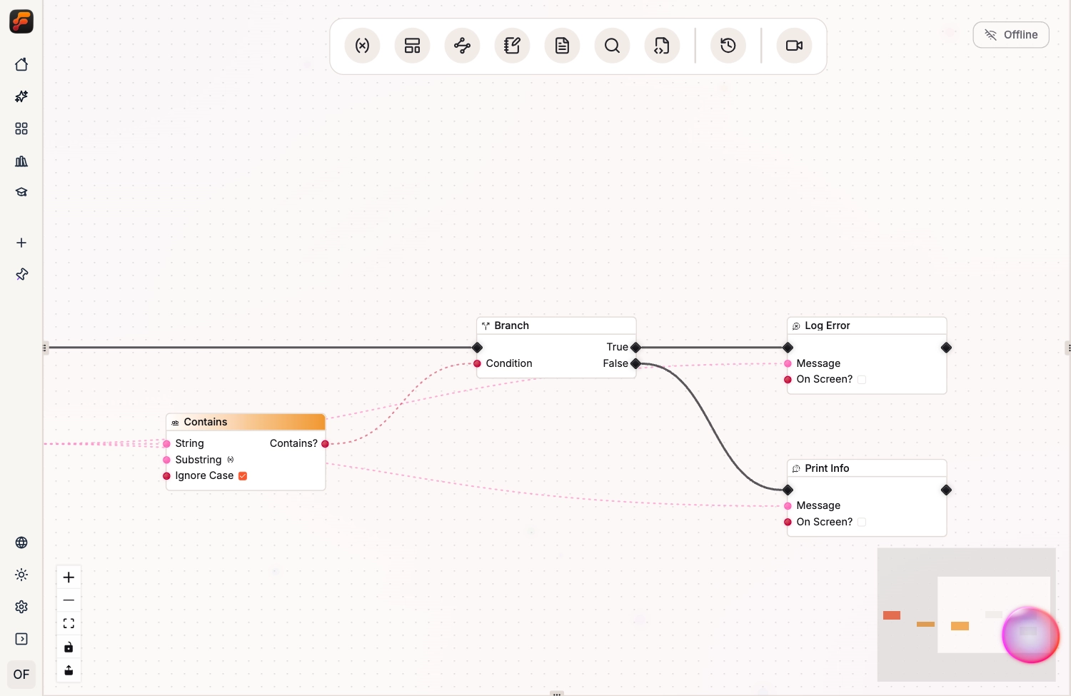 Branch node with its True execution path connected to Log Error and its False path connected to Print Info.