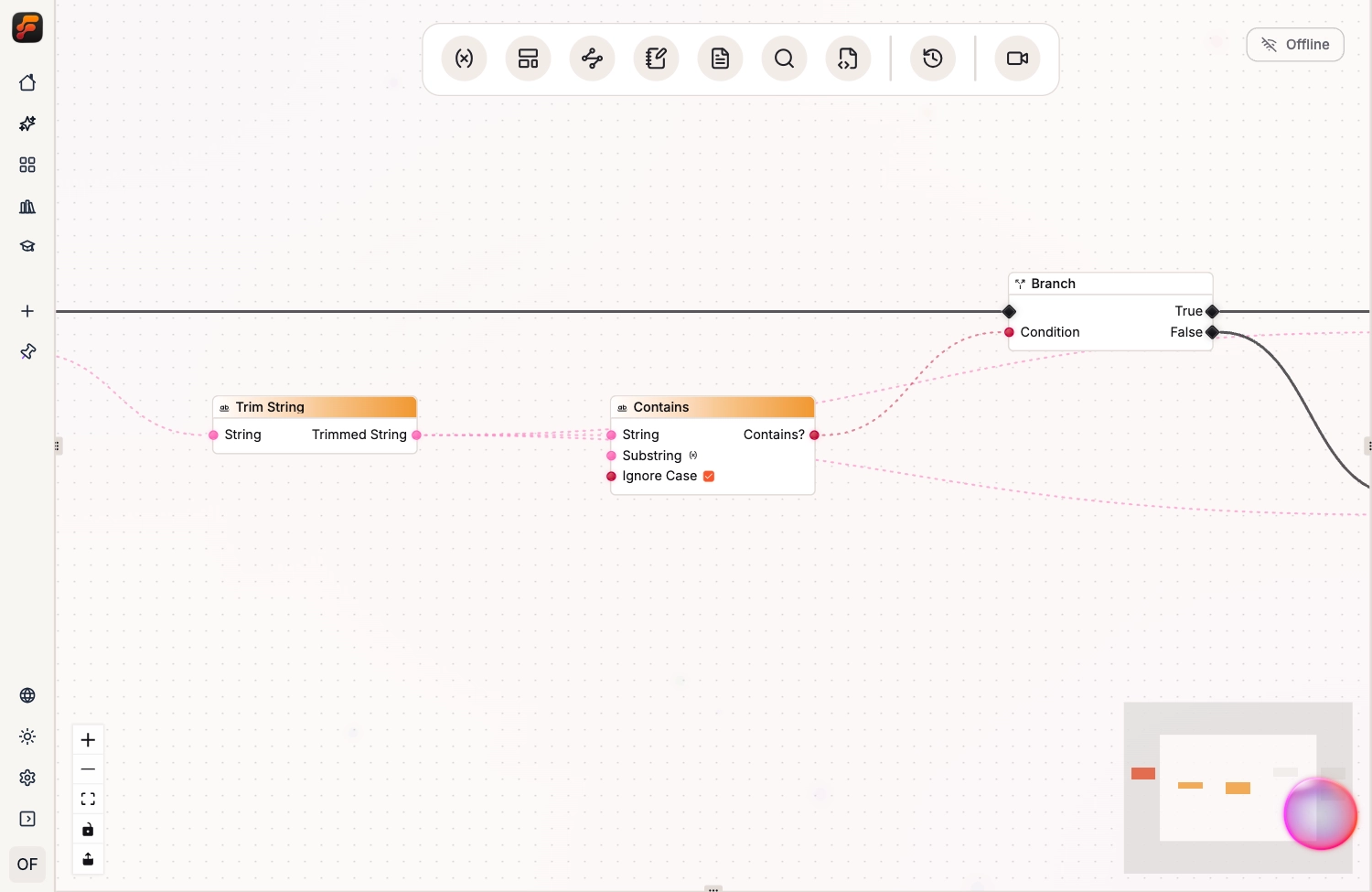 Focused Trim String and Contains nodes wired into the visible Branch condition.