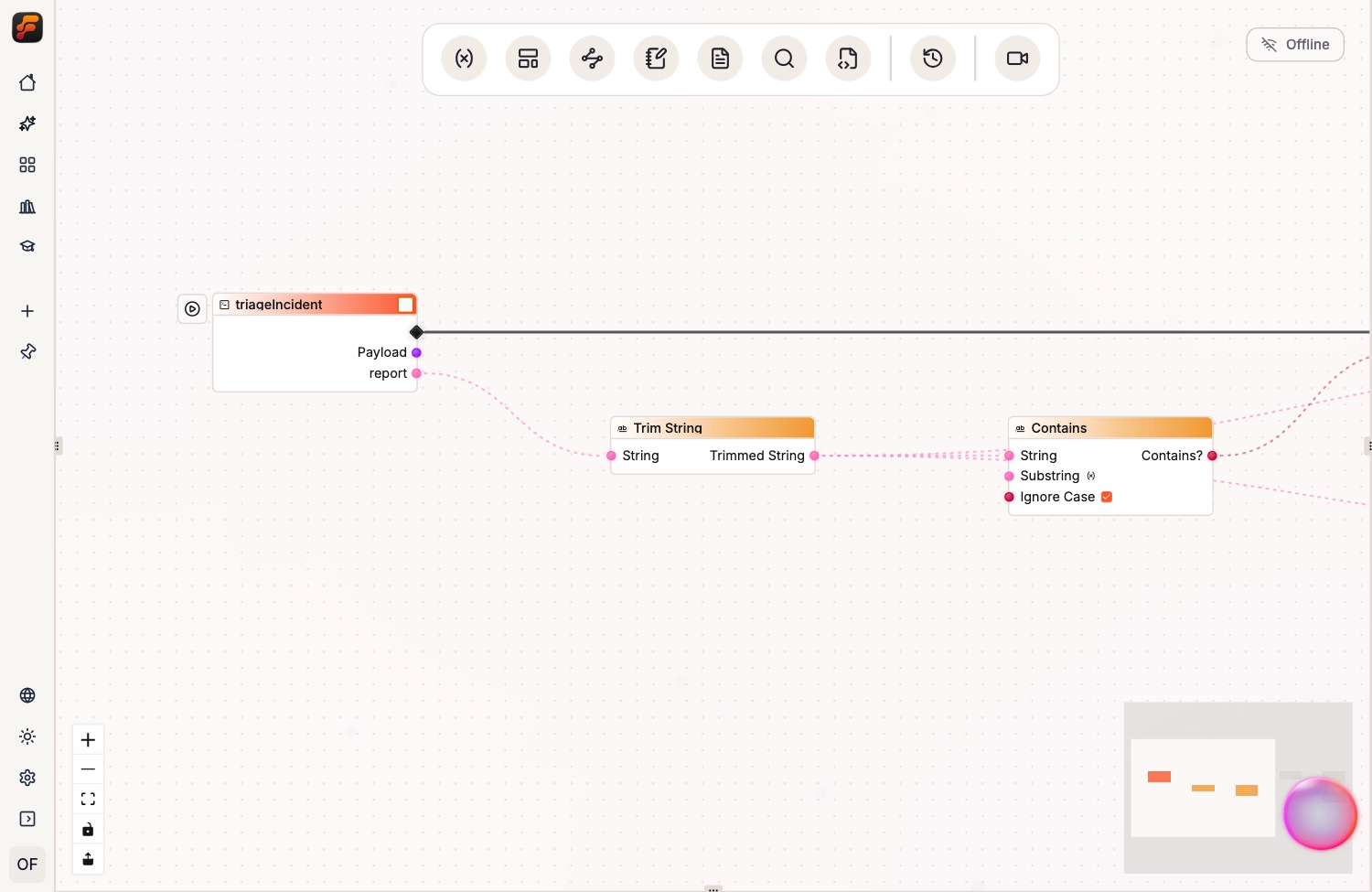 Triage Incident report output connected to the String input of Trim String, whose Trimmed String output feeds Contains.