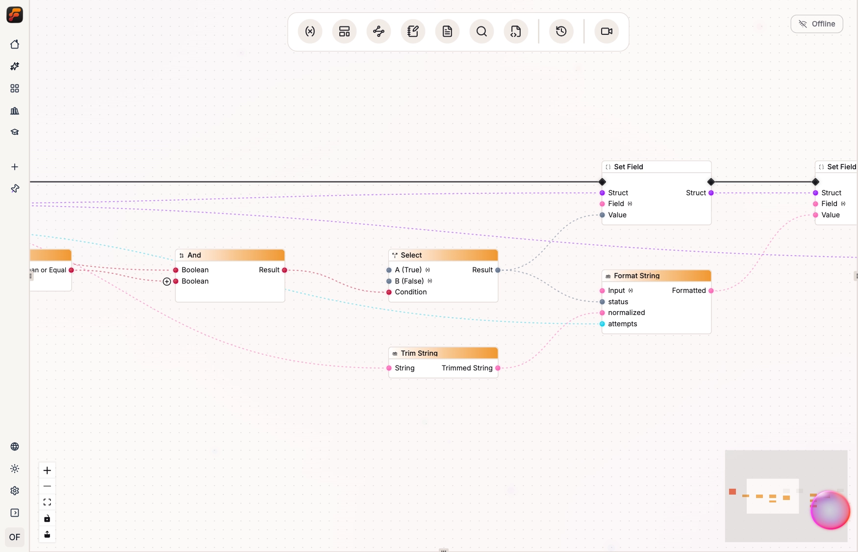 Boolean And result connected to Select.Condition, with the selected Result fanning out to Set Field and Format String.