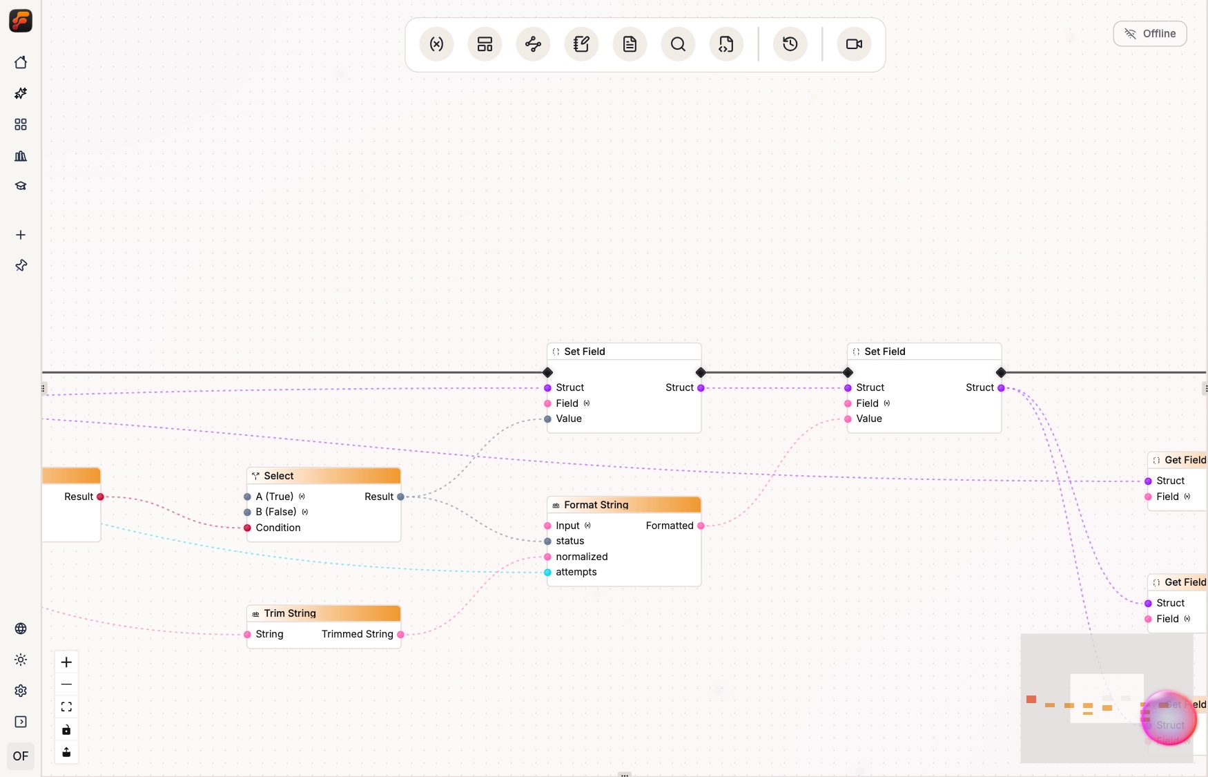 Two Set Field nodes connected in sequence, carrying successive Struct values while status and summary data feed their Value pins.