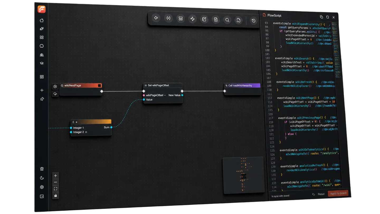 Flow-Like workflow graph and FlowScript editor shown side by side